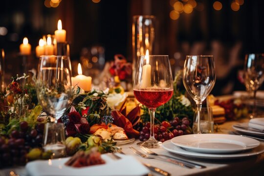 Wine glasses and elegant and selected decoration on the restaurant table romantic atmosphere, dining menu for guests