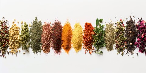 Various colorful spices and herbs are arranged in a neat row on a white background.