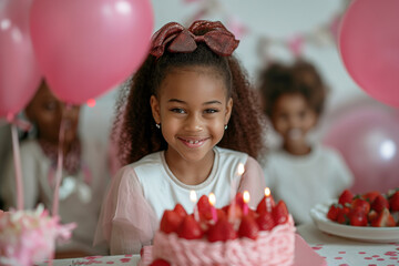Happy birthday, beautiful smiling child celebrating years of life with friends and family, cake party and fun for children