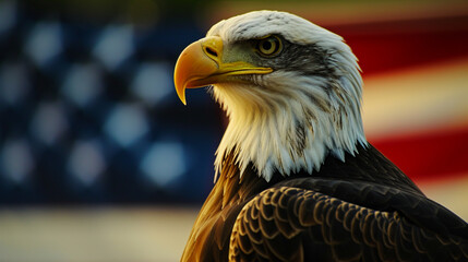 North American Bald Eagle on American flag . Generative Ai