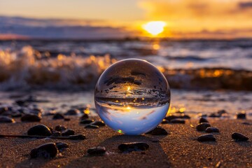 Golden sunset illuminating a glass sphere on a sandy beach.