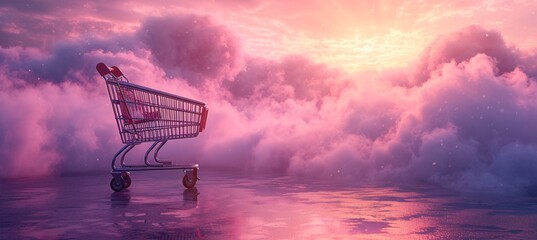 Pink Clouds and a Pink Shopping Cart: A Dreamy, Pink-Hued Sunset Generative AI - obrazy, fototapety, plakaty