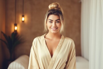 Happy smiling European young woman in beige color bathrobe waiting massage
