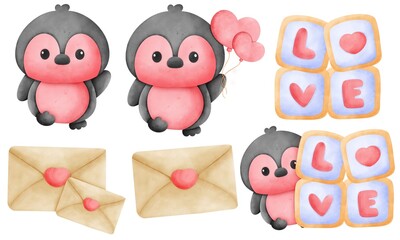 Set of Penguin with heart, valentines 