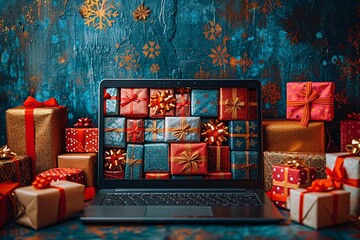 Holiday Gift-Giving Season: A Laptop Computer Displaying Gift Boxes Generative AI