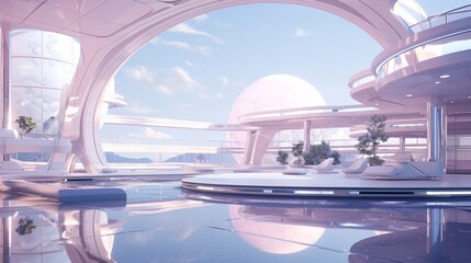 a futuristic building with a pool and a large round object