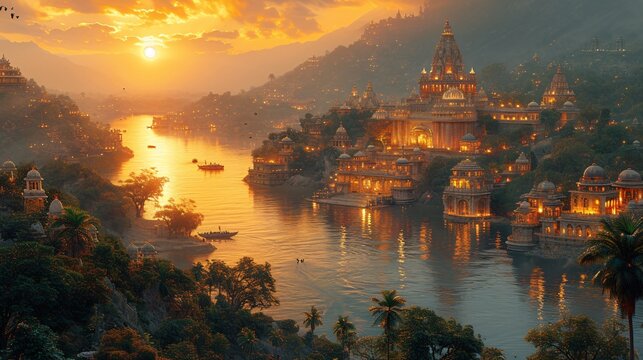 Glowing Temples and Boats on the Water: A Stunning Sunset Scene Generative AI