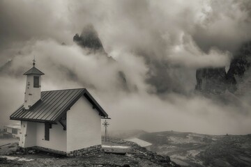 Scenic view of a chapel in hills covered with clouds in grayscale