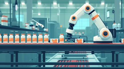 In a sterile pharmaceutical facility, a robotic arm conducts precise packaging of medication bottles on a conveyor system, showcasing advanced automation.