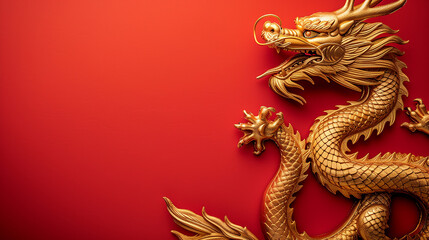 Capture the majestic Chinese golden dragon on a vibrant red background with space for text. Symbol of power and prosperity