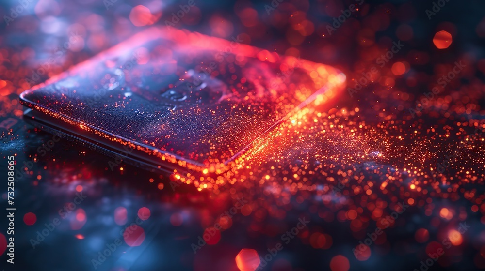 Poster close-up of a high-tech digital device enveloped in a radiant particle light effect, suggesting adva