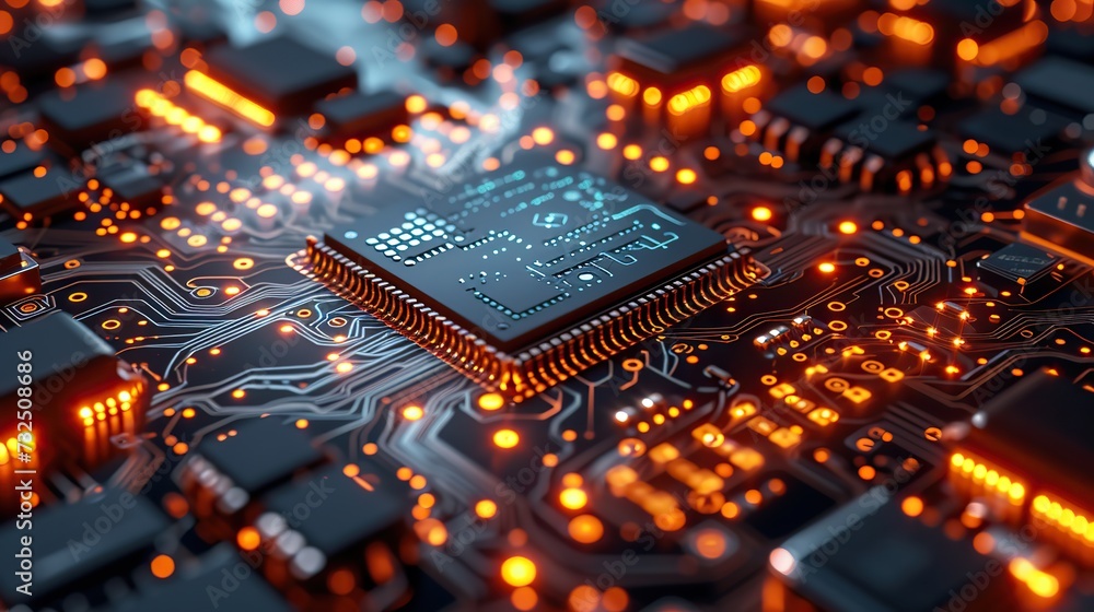 Poster a microprocessor chip sits at the heart of a circuit board, with glowing orange connections indicati