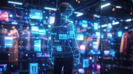 A holographic mannequin with a digital interface jacket stands in an advanced technology-oriented clothing store.
