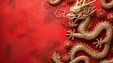 Capture the majestic Chinese golden dragon on a vibrant red background with space for text. Symbol of power and prosperity