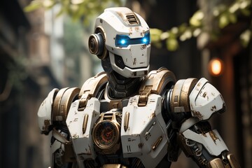 Fototapeta premium In a futuristic setting, a white robot with sleek lines and advanced features showcases the cutting-edge of robotic design