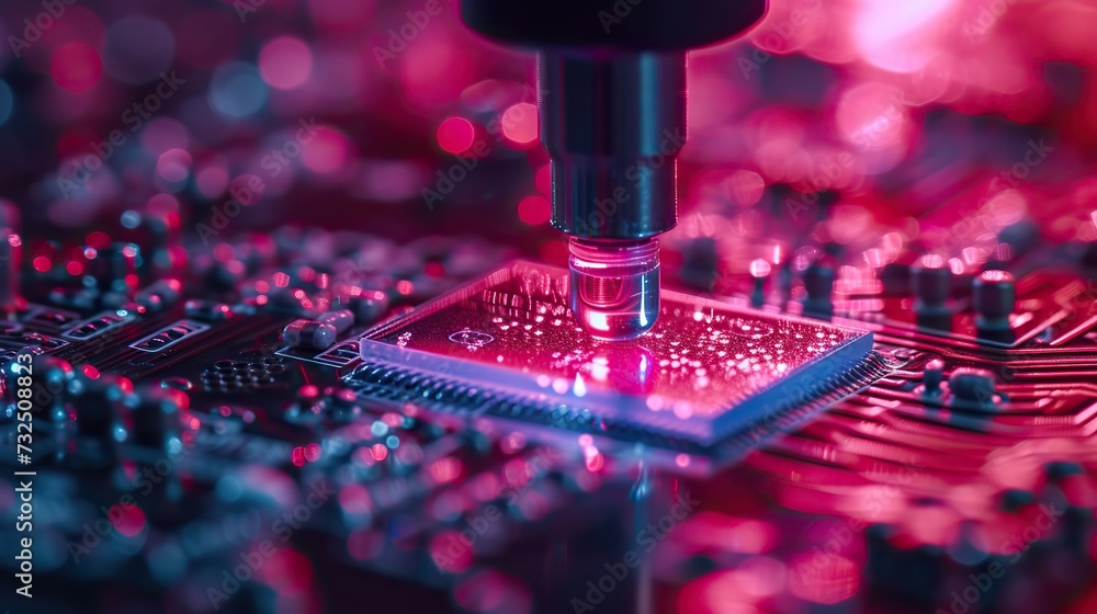Poster close-up view of a machine performing high-precision microchip placement or inspection on a motherbo