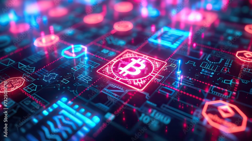 Poster artistic visualization of a bitcoin symbol glowing on a circuit board, representing cryptocurrency t