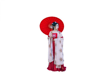 Asian woman wearing red Chinese cultural clothing holding a red umbrella - 732508813