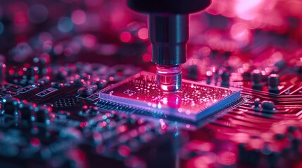 Close-up view of a machine performing high-precision microchip placement or inspection on a motherboard, illuminated by vibrant red lighting.