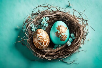 Stylish top view of an intricately designed Easter egg in a nest on the side, against a light turquoise backdrop, creating an elegant and flat composition with copy space for your message