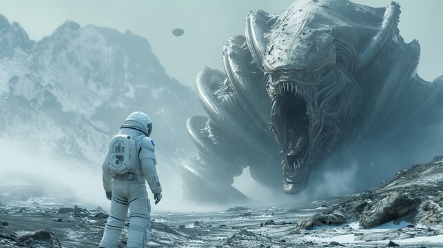 A lone astronaut stands facing a colossal alien creature in a desolate, icy extraterrestrial landscape.