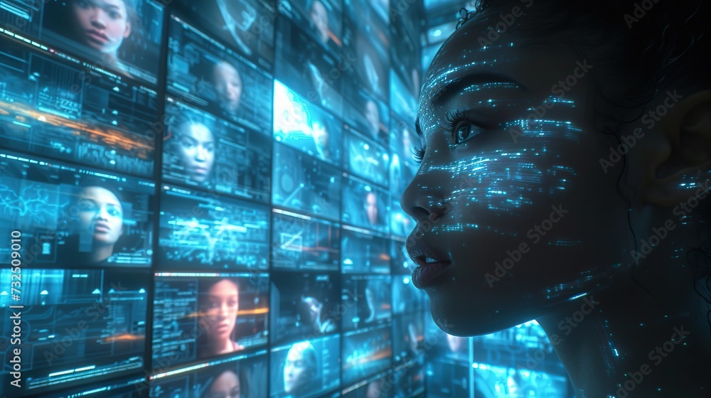 Poster close-up of a woman's face with reflections of a futuristic virtual reality interface, symbolizing a