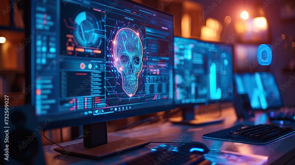 Aufkleber multiple computer screens in a dark room display a glowing cyber security skull graphic, symbolizing