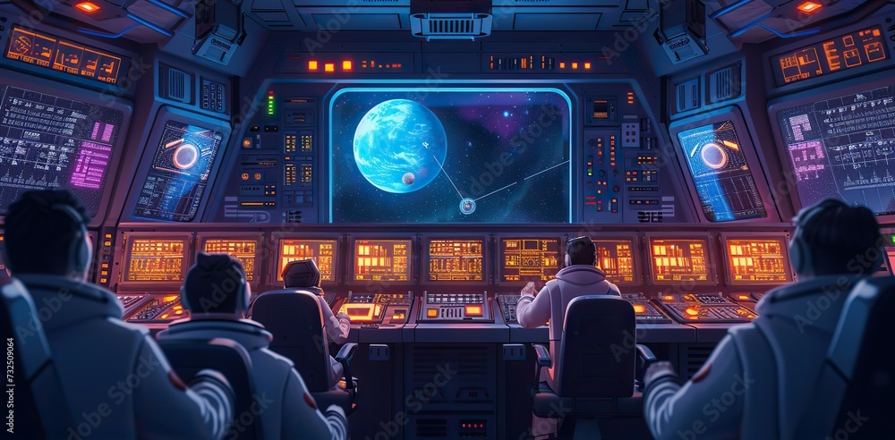Poster crew members operating a spacecraft control room with advanced consoles and a view of a planet in sp