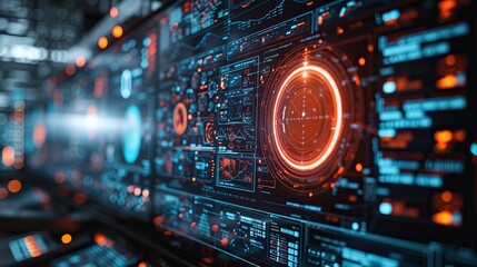 Fototapeta premium A detailed view of an advanced network monitoring dashboard with dynamic interfaces and data analytics in a high-tech control room environment.