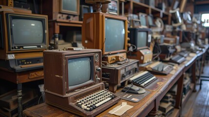 A diverse assembly of old computers and monitors, capturing the evolution of personal computing technology.