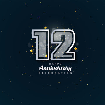 12th Anniversary celebration, 12 Anniversary celebration in black BG, stars, glitters and ribbons, festive illustration, white number 12 sparkling confetti, 12,13 