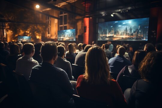 In this perspective from behind, the conference hall or seminar audience is seen fully engaged, absorbing the valuable insights shared on stage