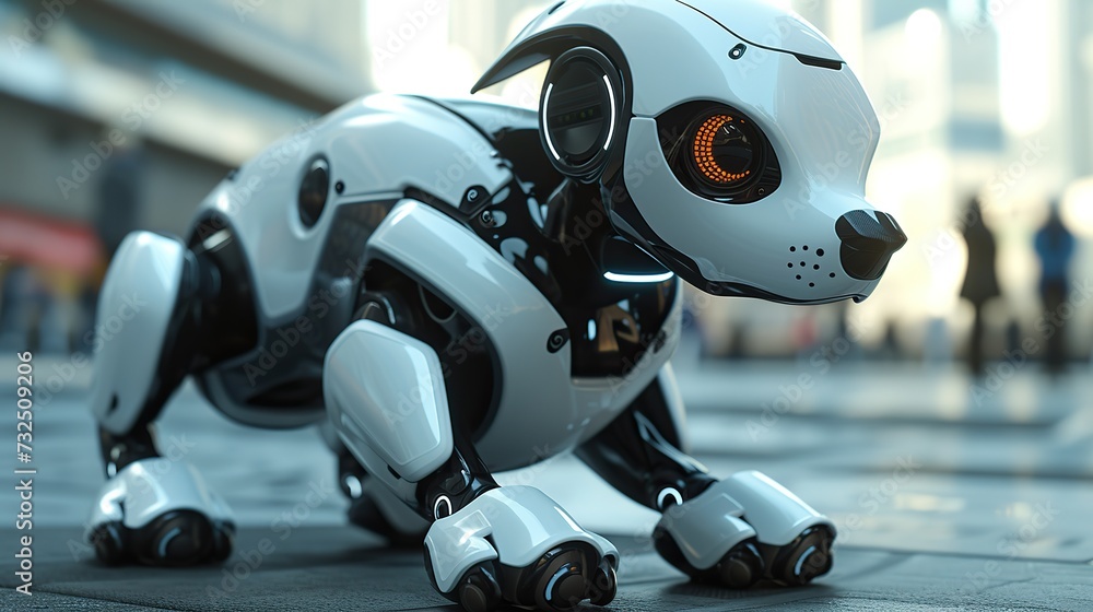 Poster a high-tech robotic dog with an orange illuminated eye, showcasing cutting-edge artificial intellige