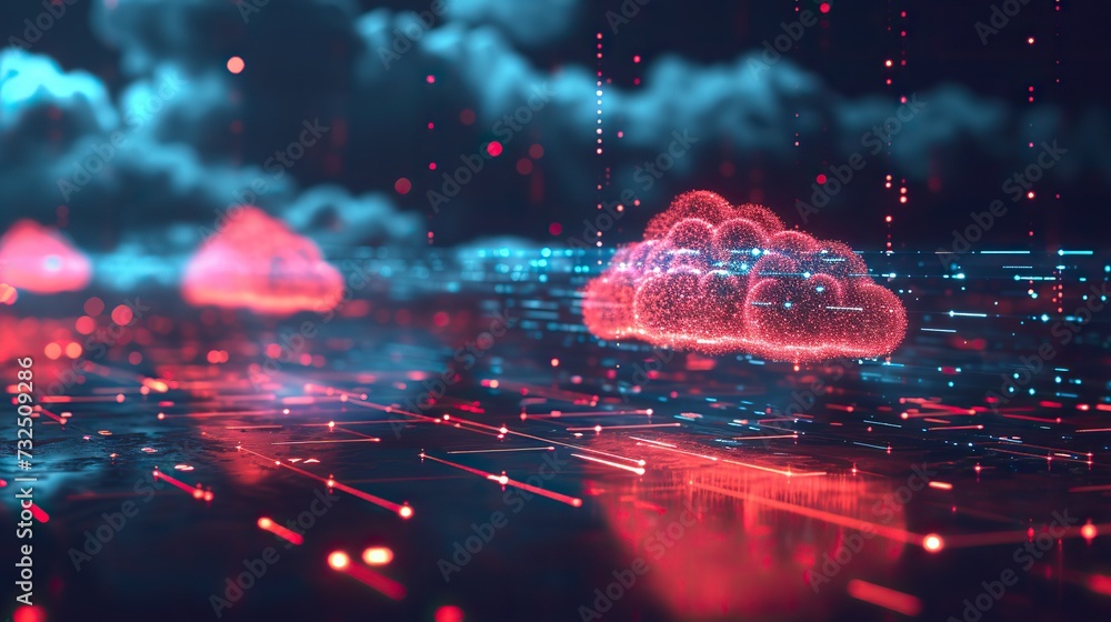 Poster this visualization represents a cloud computing network, with glowing nodes and connections in cyber