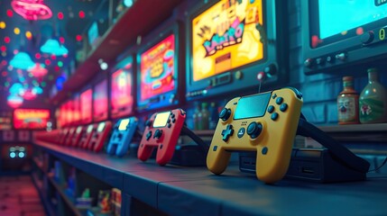 A lively arcade room lined with screens and colorful gaming consoles, reflecting the vibrant culture of video gaming. - obrazy, fototapety, plakaty