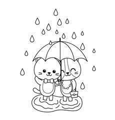 Black and white. Coloring page. Kittens under umbrella. Vector
