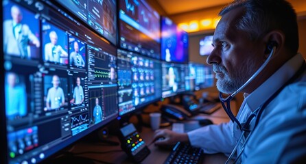 A broadcast professional intensely monitors live feeds and audiovisual data on multiple screens in a dynamic television production control room.