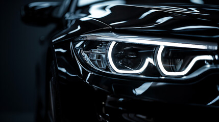 Sleek black car headlight with chrome detail