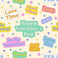 Y2K Lovely Stickers Background. Trendy Love Pattern. Happy Valentine`s Day. 14 February.