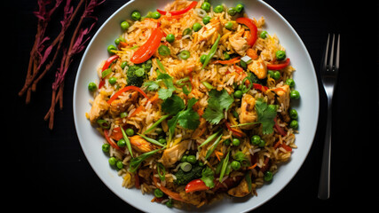 A bowl of easy chicken fried rice with a variety of vegetables. The camera angle is from above, capturing the vibrant colors of the fried rice. 