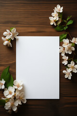 blank sheet of paper on wooden background with jasmine flowers