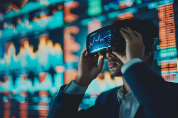 Investor or businessman using virtual reality for trading and investing in stock and currency market, modern or new technology helps increase convenience and easy of work