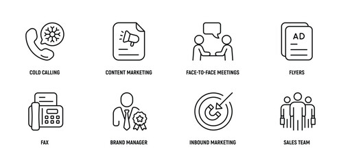 Traditional Marketing line icons set 2: cold calling, content marketing, face-to-face, meetings, flyers, fax, 
brand manager, inbound marketing, Editable stroke.