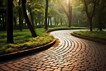 Scenic stone path among tall trees in the park, serene and inviting for a peaceful stroll - obrazy, fototapety, plakaty