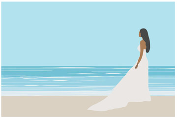 Fototapeta na wymiar Beautiful woman in white dress on the beach vector illustration. Summer holidays beach concept