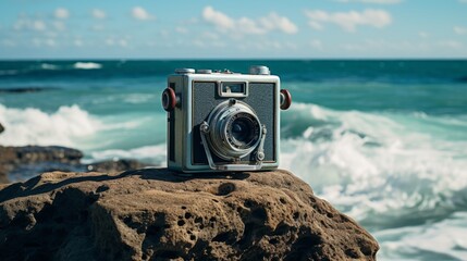 Vintage analog camera resting gracefully against serene oceanic backdrop