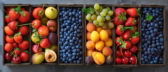 Fresh berries on a rough wooden rack, displayed in small ramekins. Healthy snack or snack concept.