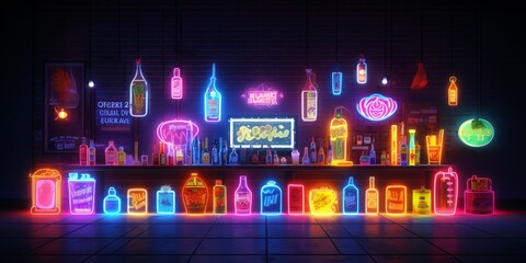 a bar with many bottles and neon lights - obrazy, fototapety, plakaty