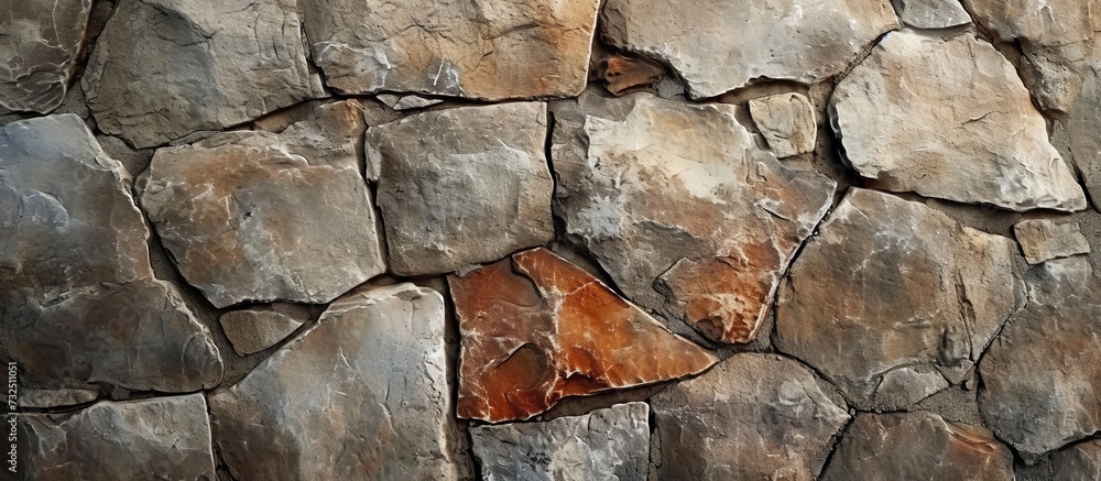 Poster a detailed view of a stone wall showcasing an array of rocks forming a captivating pattern.