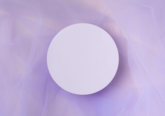 White round podium pedestal cosmetic beauty product presentation empty mockup on purple tulle